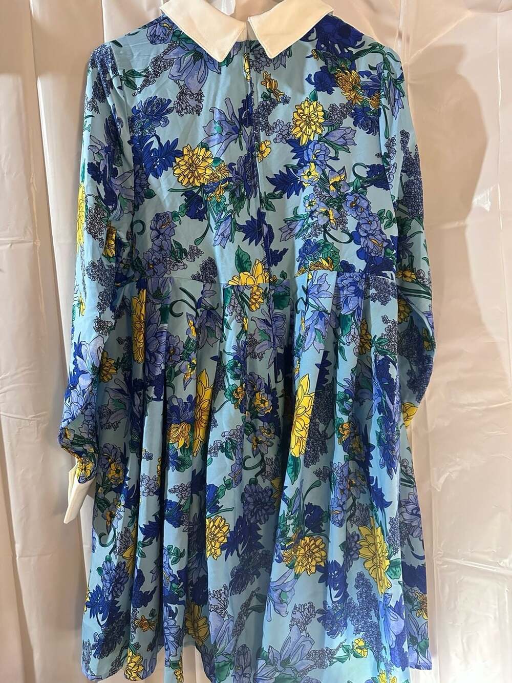 Unique Vintage Blue and Yellow Floral Long Sleeve Shirt Dress with White Collar